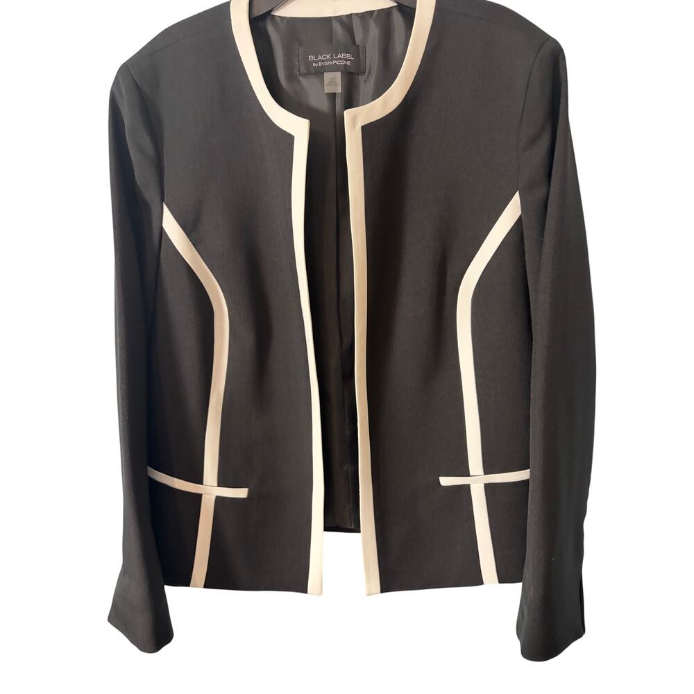 Black Label by Evan-Picone Black White Contrast Trim Open Front Career Blazer 12